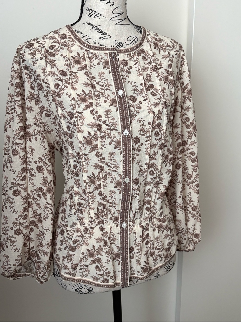 Max Studio Cream and Brown Floral Button-Front Top